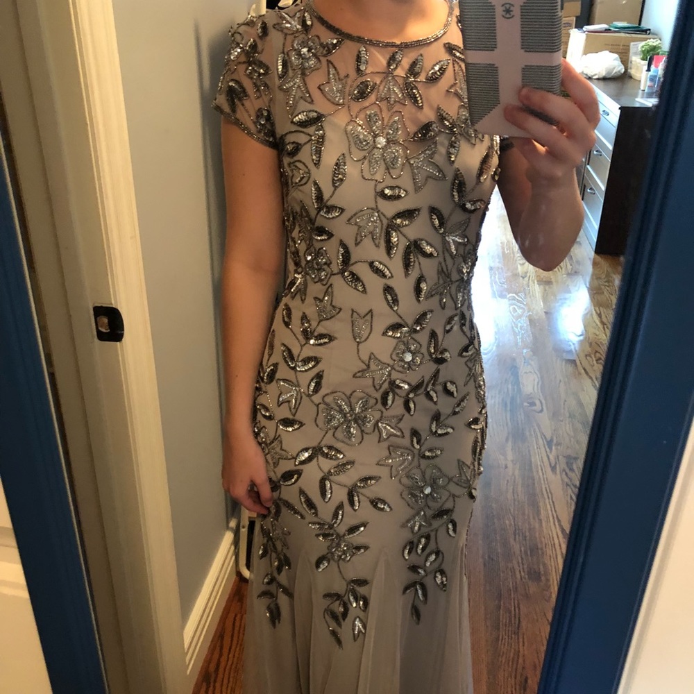 Adrianna Papell long silver formal dress
